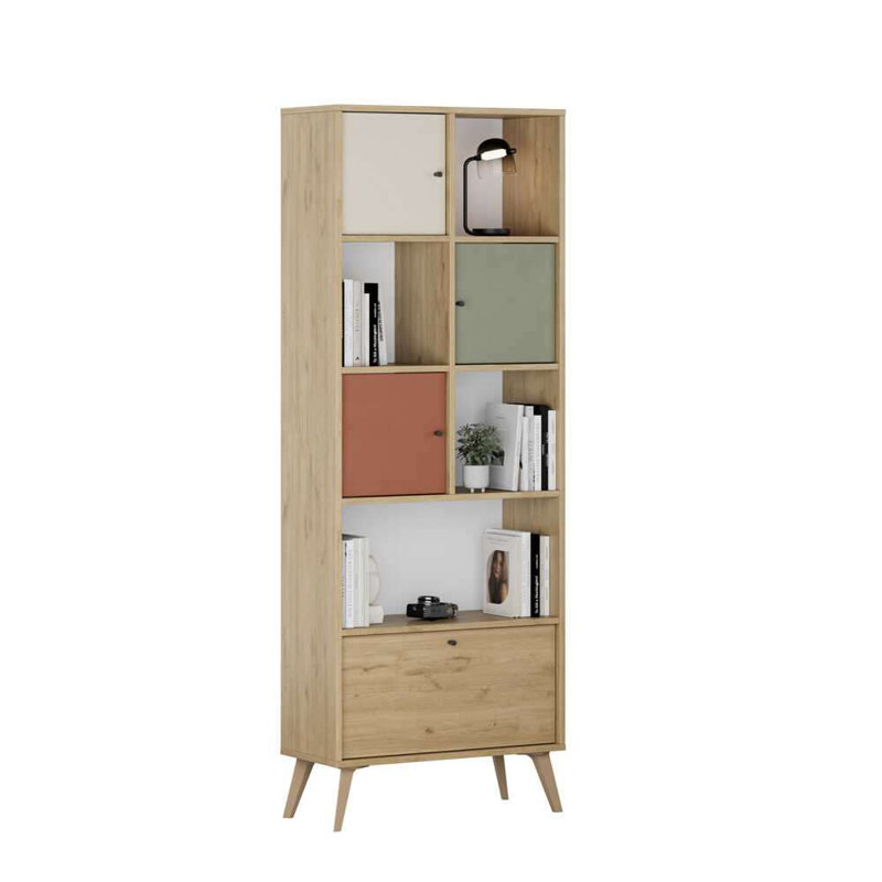 Bibliothèque moderne scandinave, 67 x 71,3 x 11,8 pouces | Panneau de particules 100% mélaminé, conception murale, nombreuses tablettes | Solution de rangement élégante pour la maison et le bureau, durable et élégante