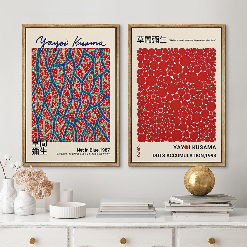 "Classical Artwork Net In Blue, Red Dots Accumulation" par Yayoi Kusama, reproduction d'art sur toile encadrée japonaise 2 pièces