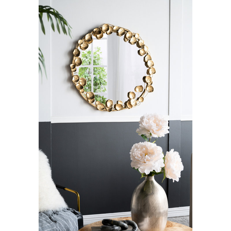 35,35 po Large miroir mural en métal avec embellissement de feuille d'or, accessoire de salon moderne, fer robuste et