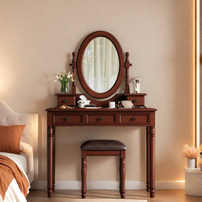 Bureau de coiffeuse avec miroir à angle réglable, tabouret rembourré et 5 tiroirs