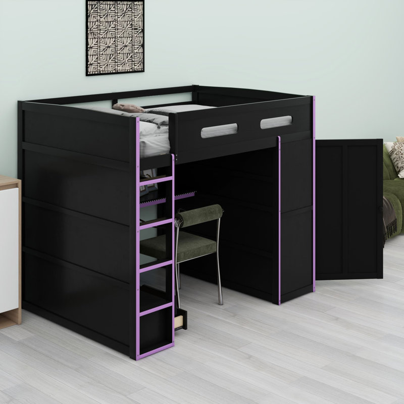 Lit mezzanine en bois avec bureau, armoire, nombreux rangements et éclairage RVB, Purple