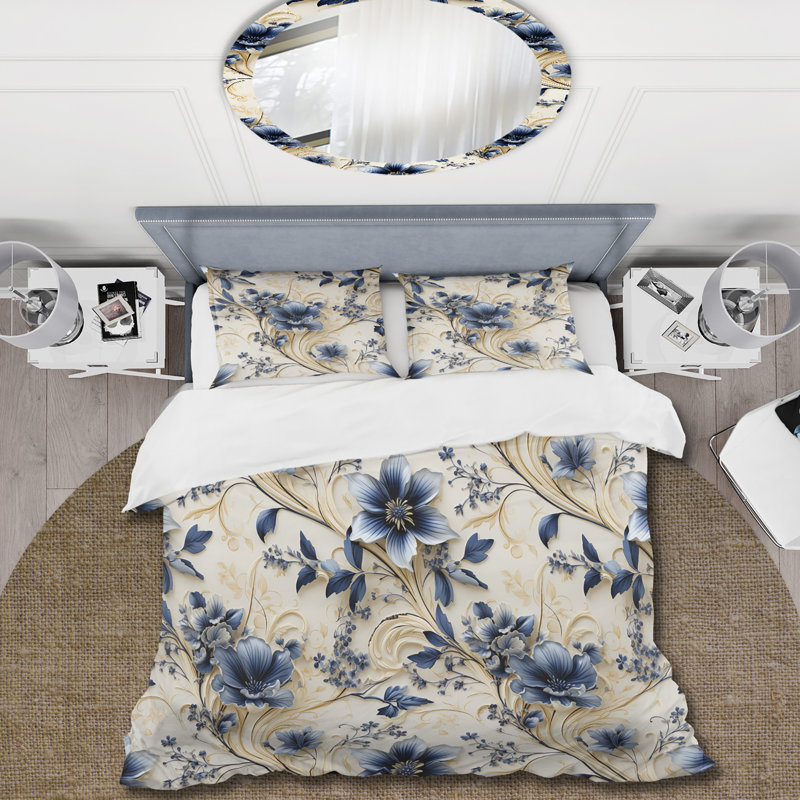 Ensemble de housse de couette Cobalt Blue Filigree Vines Victorian, Housse de couette pour très grand lit et 2 très