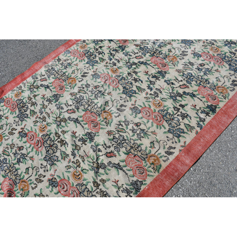 Tapis turc Oushak fait à la main de style Art déco avec motif floral biologique bleu / rose