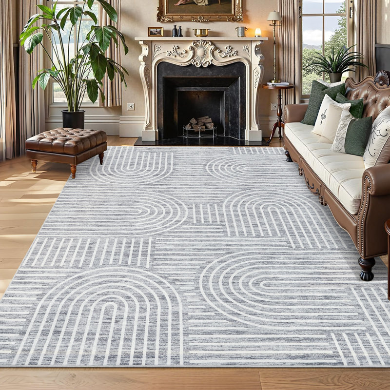 Modern Living Room Rug 6x9 Washable Rug Non Slip Rubber Backing Abstract Stripe Carpet Non Shedding Foldable for Bedroom Nursery Dining Room Grey