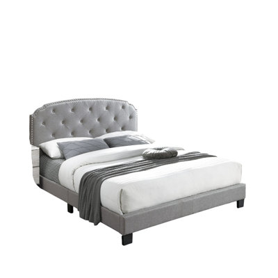 Queen Bed In Gray, European Style, Button Headboard, Nailhead Trim, Burlap Fabric, Middle Support Legs, No Box Spring Needed