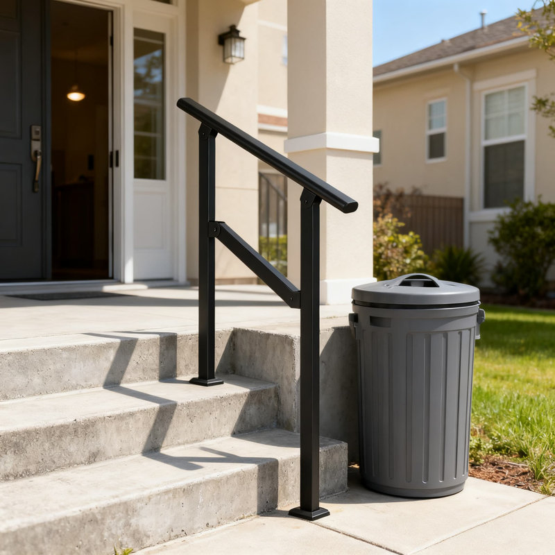 Outdoor Step Handrail For 2-4 Steps, Wrought Iron Stair Railing For Porch, Garden, And Indoor Staircases On Wood, Cement, Brick, Or Marble Surfaces