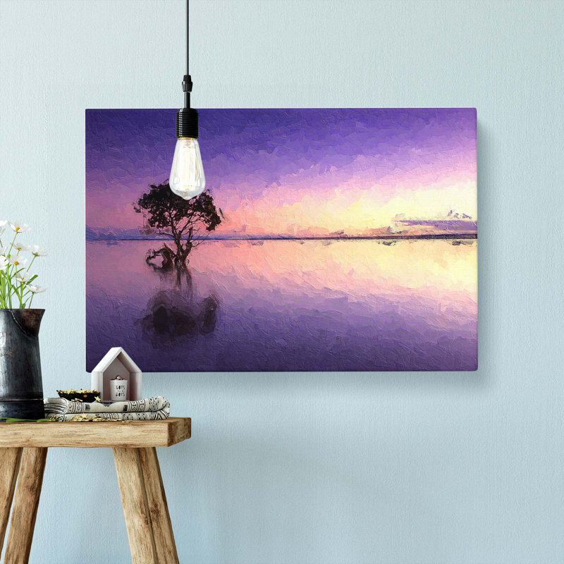 Tree Alone During A Purple Sunset In Abstract - Wrapped Canvas Painting, 50cm H x 76cm W x 3cm D