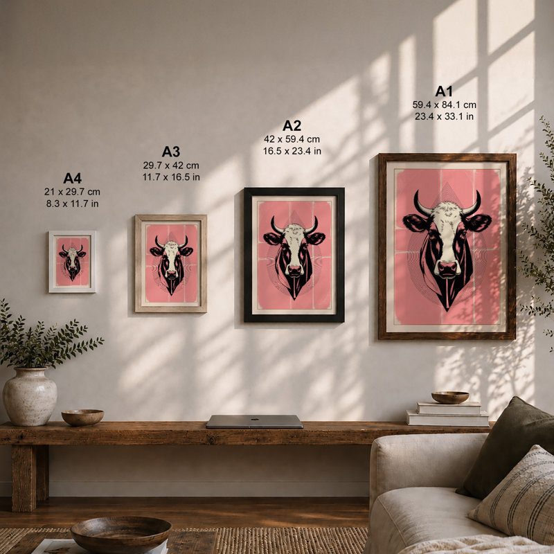 Cow Portrait Geometric - Framed Print, A1 - 84.1 x 59.4 cm, Black