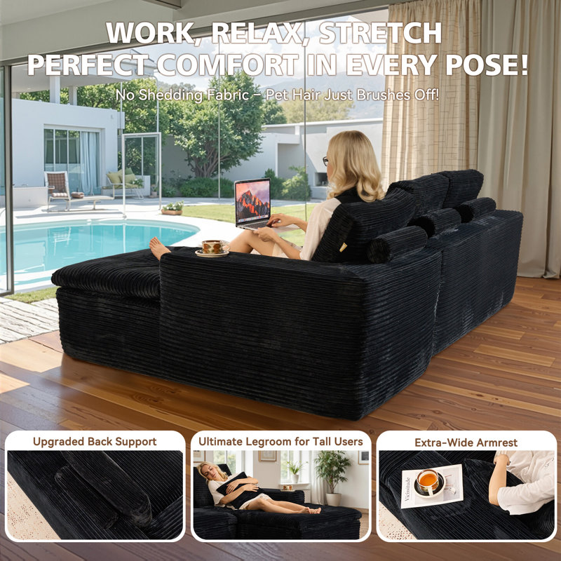 Alcala Boneless 130" L-Shaped Modular Sectional Sofa, Black Polyester
