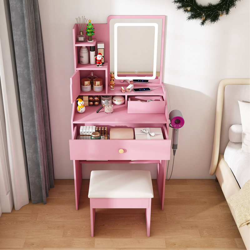 Miroir de coiffeuse 3 couleurs à DEL avec tabouret, coiffeuse pour la chambre à coucher, 2 tiroirs et 5 armoires de rangement (4 ouvertes + 1 cachée), éclairage réglable