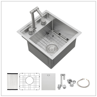 Évier de cuisine encastrable 15 po avec robinet pliant 15 po - éviers de cuisine en acier inoxydable de calibre 16 à cuve simple 15 po x 17 po