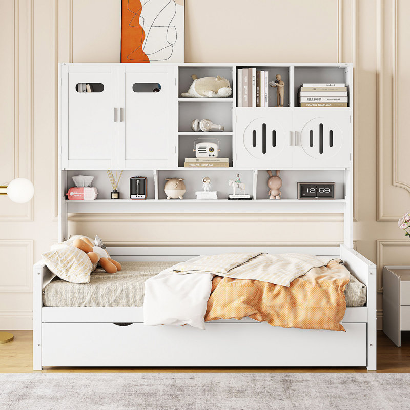 Twin Size Wooden Daybed With Twin Size Trundle, And All-In-One Cabinet And Shelf, Twin