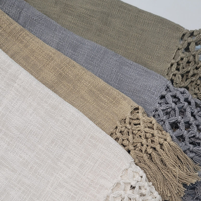 Braden Beige Knitted Cotton Throw Blanket with Fringe