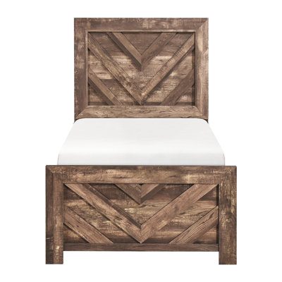 Lit simple contemporain brun rustique, structure en bois et en placage de faux bois avec tête de lit, rails, meubles de chambre nécessaires pour sommier, fabrication nécessaire