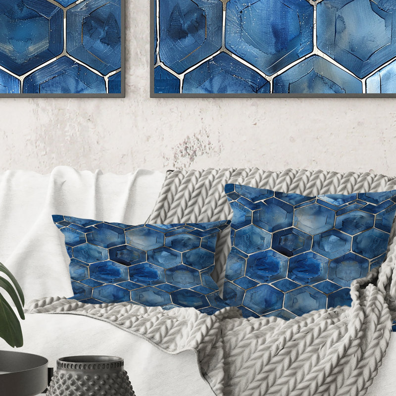 Imprimé hexagonal bleu et blanc - Coussin moderne, H 18 po x l 18 po