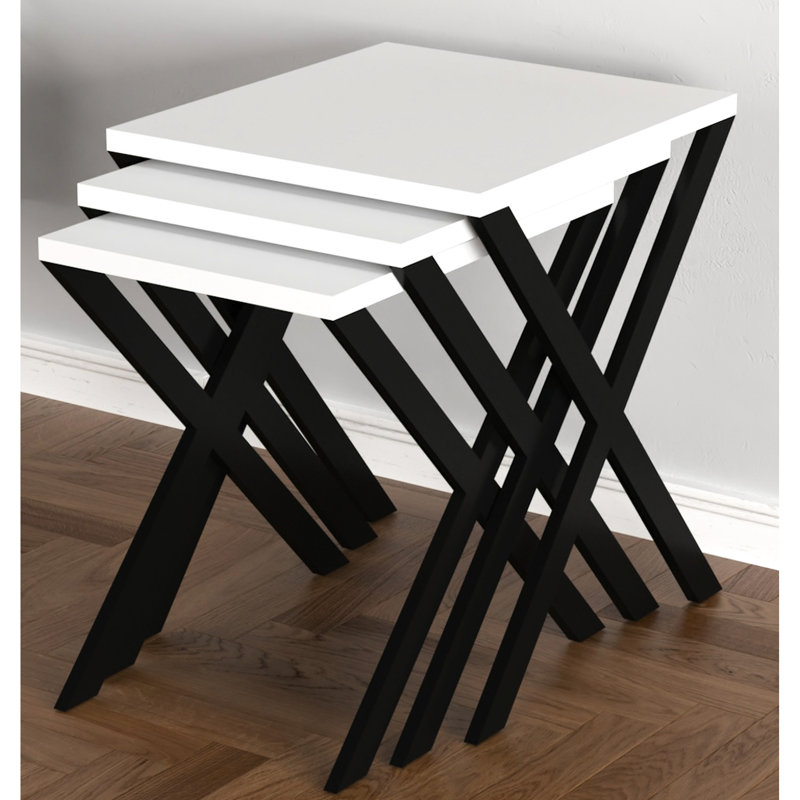 Ensemble de 3 tables gigognes rectangulaires blanches contemporaines avec pieds en épingle en métal pour les petites réunions