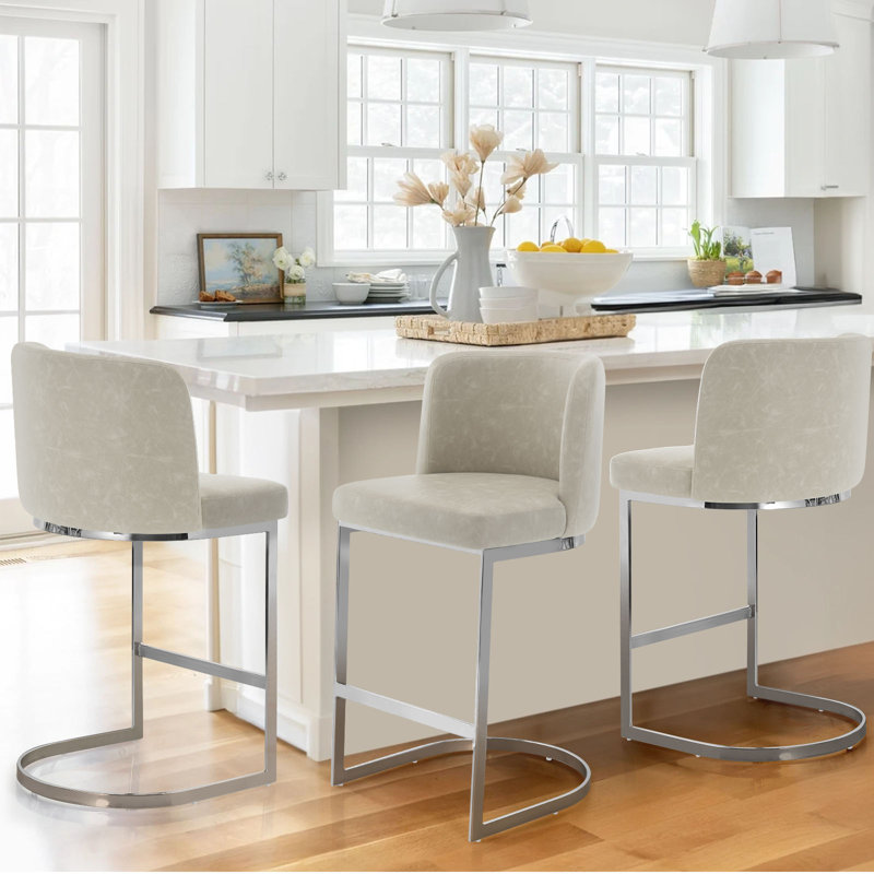 Bittencourt 26'' Upholstered Counter Stool, Faux Leather - Greige, 3