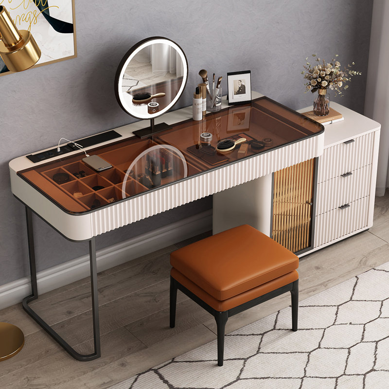  High-quality Makeup Vanity Set,L-Shaped Executive Desk,Power Outlet, Glass Top,Very easy to assemble,Includes vanity stool