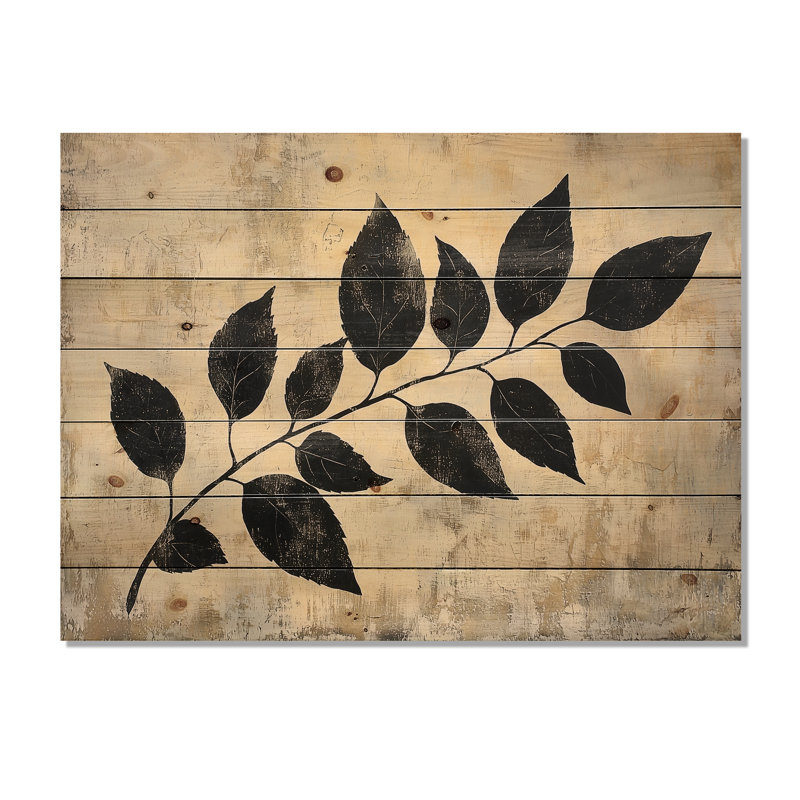Black Leaves Shadow Silhouette V - Leaves Wood Wall Art - On Natural Pine Wood, 34" H x 44" W