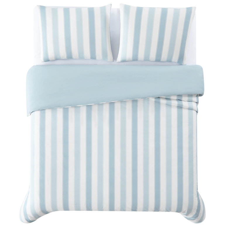 Full/Queen Blue and White Cotton Striped Duvet Cover Set