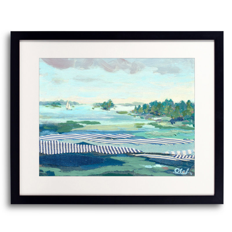 Seersucker Sailing 1 by Karin Olah, Black Framed Canvas, 25" H x 33" W x 2" D