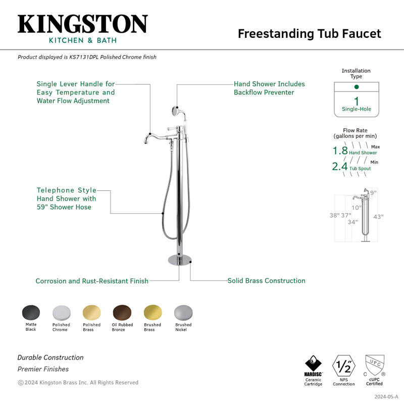 Kingston Brass Paris Single-Handle 1-Hole Freestanding Tub Faucet with Hand Shower, Brushed Brass