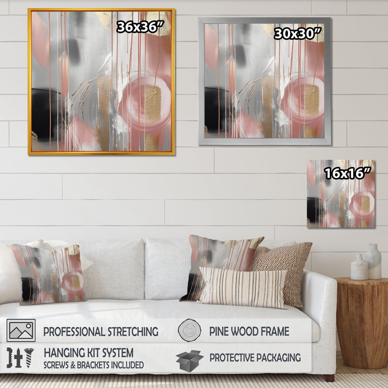 «Pink Gold Circle Complexity - Modern Shapes», art mural sur toile transitionnel, Cadre photo noir, L 16 po x H 16 po