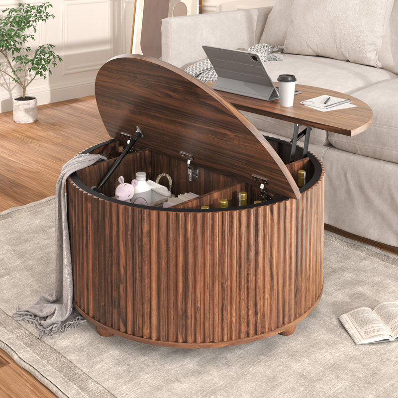 35 Inch Round Lift Top Coffee Table, Mid Century Modern Fluted Drum Wood Center Table with Hidden Storage, Walnut Accent Table for Living Room Apartment
