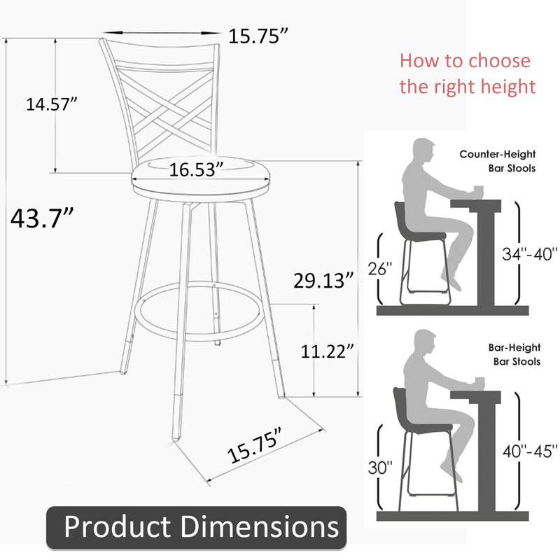 Rustic Wood & Metal Bar Stools – Adjustable Height & 360° Swivel, Ergonomic Backrest For Kitchen/dining Room(set Of 2), Black