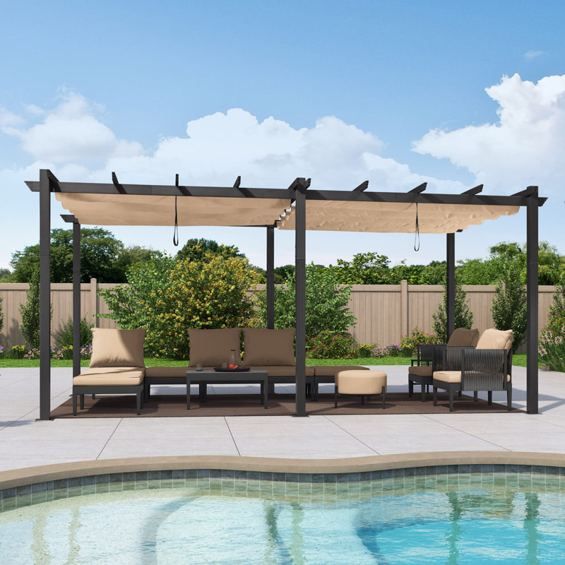 Aluminum Pergola with Canopy, Khaki, 18 ft. W X 10 ft. D