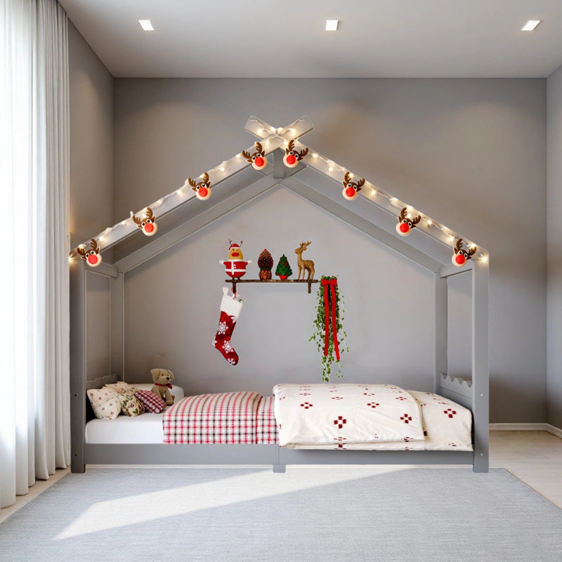 Lit de maison avec lattes de soutien, cadre de lit de maison en bois massif pour enfants, pas de sommier tapissier et structure d'ouverture