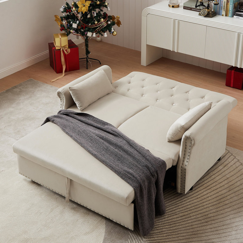Canapé-lit simple tapissier à dossier capitonné Belva, Velours beige