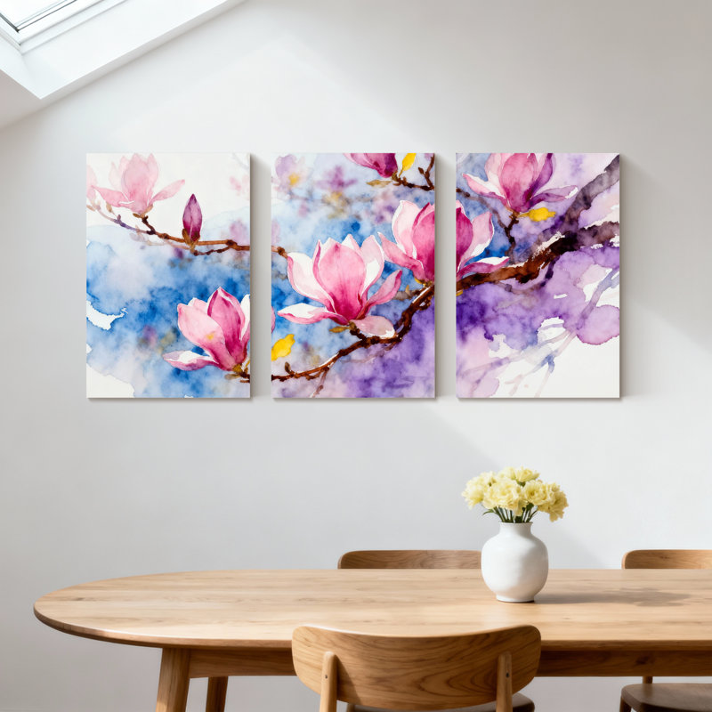 «Magnolia Pink Magnolia Flowers On Branches», ensemble de 3 impressions sur toile, H 24 po x l 48 po