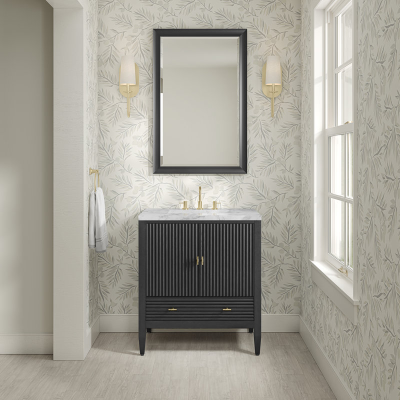 Myrrin 30" W Single Vanity, Carrara Marble, Carbon Oak, 8" Widespread
