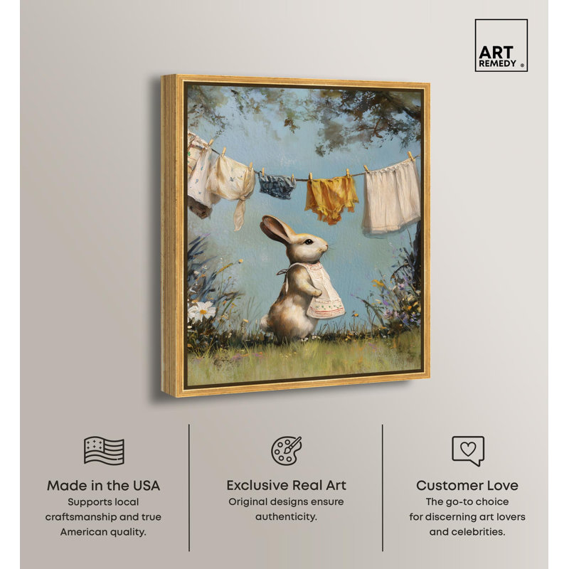 «Bunny's Laundry Day I», impression sur toile de Pâques par Art Remedy, cadre doré, 30 x 36, H 37 po x l 31 po