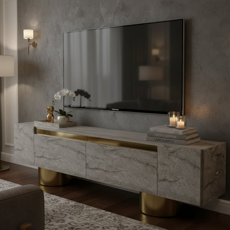 Metal Sheet Legs Unique TV Stand For Tvs Up To 78'' With Reflective Stripe, Travertine/Gold