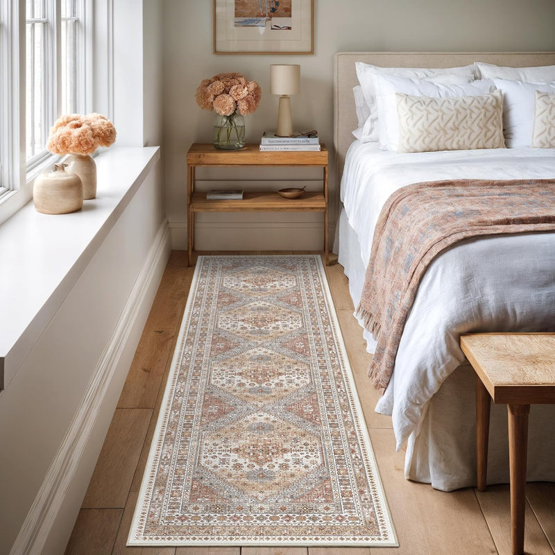 Medallion Non Slip Washable Rug(Orange), Runner 2' x 8'