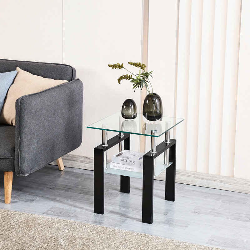 Table d'appoint en verre trempé avec rangement à 2 couches - transparent pour le salon, la salle à manger, l'espace compact de bureau