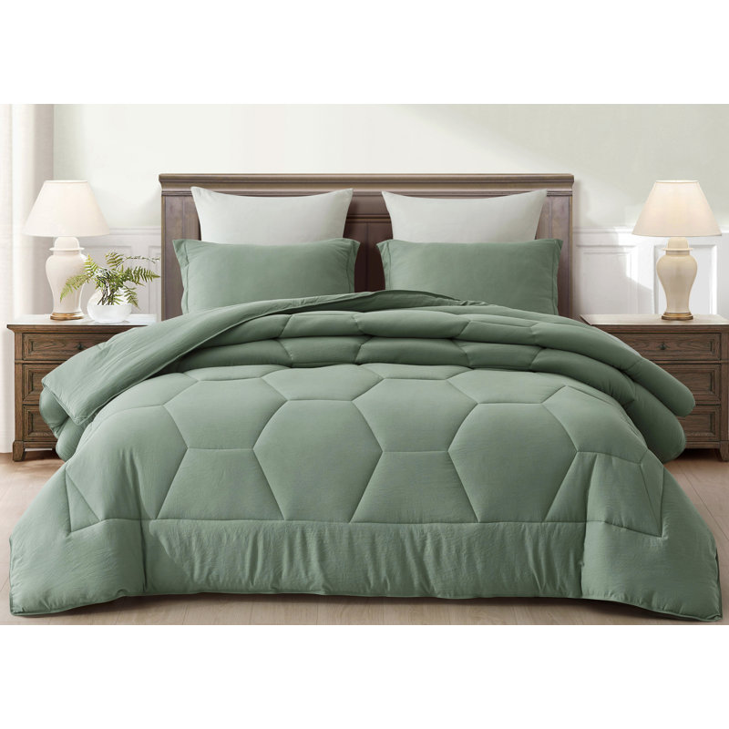 Washed Microfiber Bedding Honeycomb Comforter Set, Queen Comforter + 2 Standard Shams, Sage Green