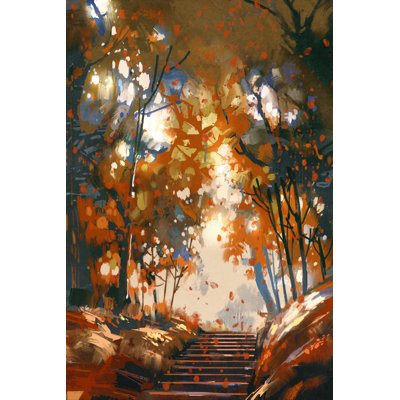 Stairs With Trees In The Park by Grandfailure - Wrapped Canvas Painting
