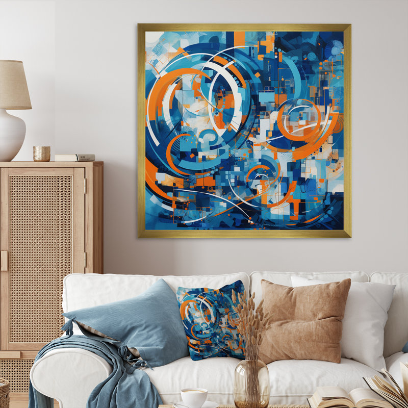 Ridgedale, équilibre géométrique orange et bleu en V encadré sur toile, H 16 po x l 16 po x P 1 po, Encadrement doré