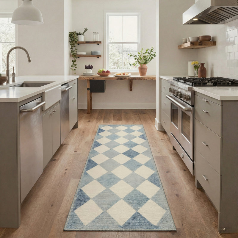 Teshayla Coastal Geometric Diamond Machine Washable Blue / Beige Indoor Area Rug with Non-Slip Backing, Runner 2' x 6'