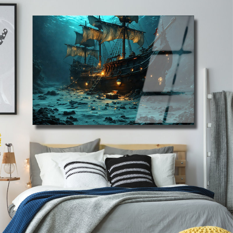 Bateau pirate, art mural en verre trempé, 30" H x 40" W