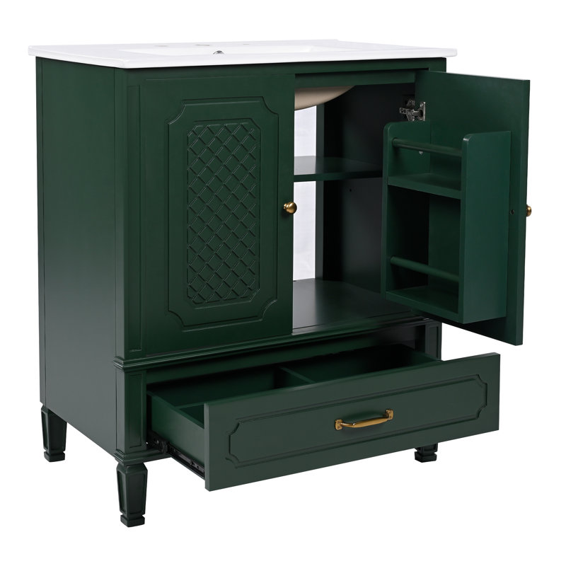 [Vidéo] Ensemble de meuble-lavabo double 60 po avec lavabo double, Vert/doré