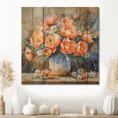 Wild Peony Bouquet At The Farm I - Peonies Wood Wall Art - On Natural Pine Wood