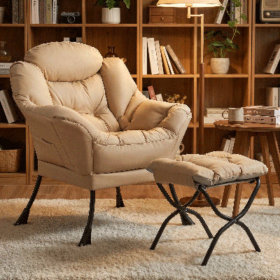 Upholstered Lazy Chair with Ottoman, Modern Accent Lounge Chair Reading Armchair with Footrest and Side Pocket