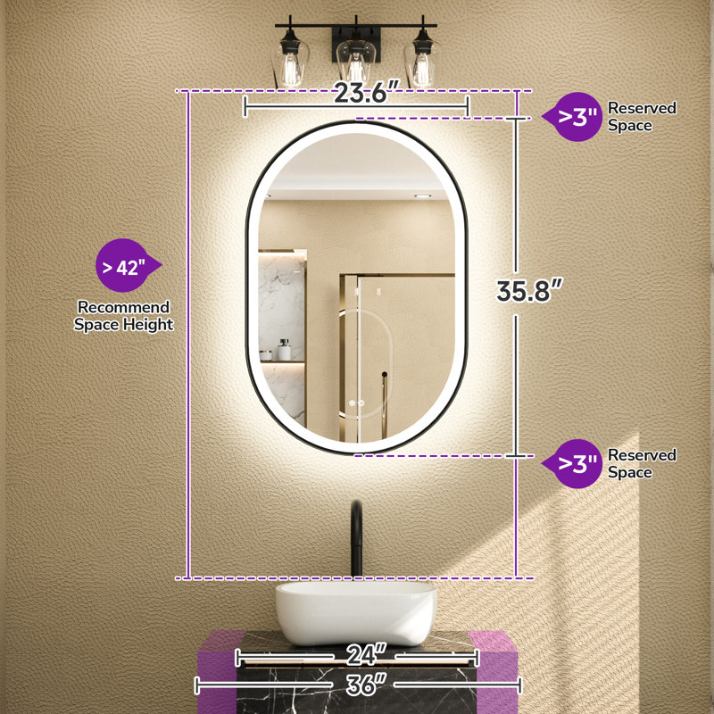 Chavira Oval Anti-Fog LED Vanity Mirror, 36'' x 24'', Matte Black