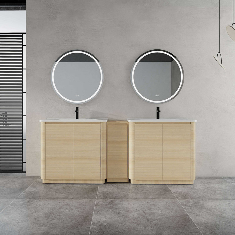 Meuble-lavabo autoportant de 84 po avec lavabo en céramique et 1 petite armoire de rangement à fermeture en douceur, contreplaqué