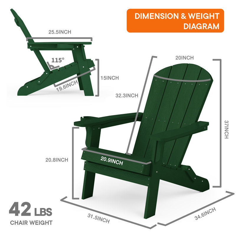 Chaise Adirondack pliante d'extérieur Chaise surdimensionnée en plastique Adirondack HiPS, Vert foncé