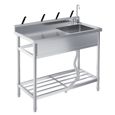 39" Stainless Steel Utility Sink with Faucet, Commercial Free Standing Single Bowl Kitchen Sink with Storage Rack & Legs for Garage, Restaurant, Outdoor with 4 hooks